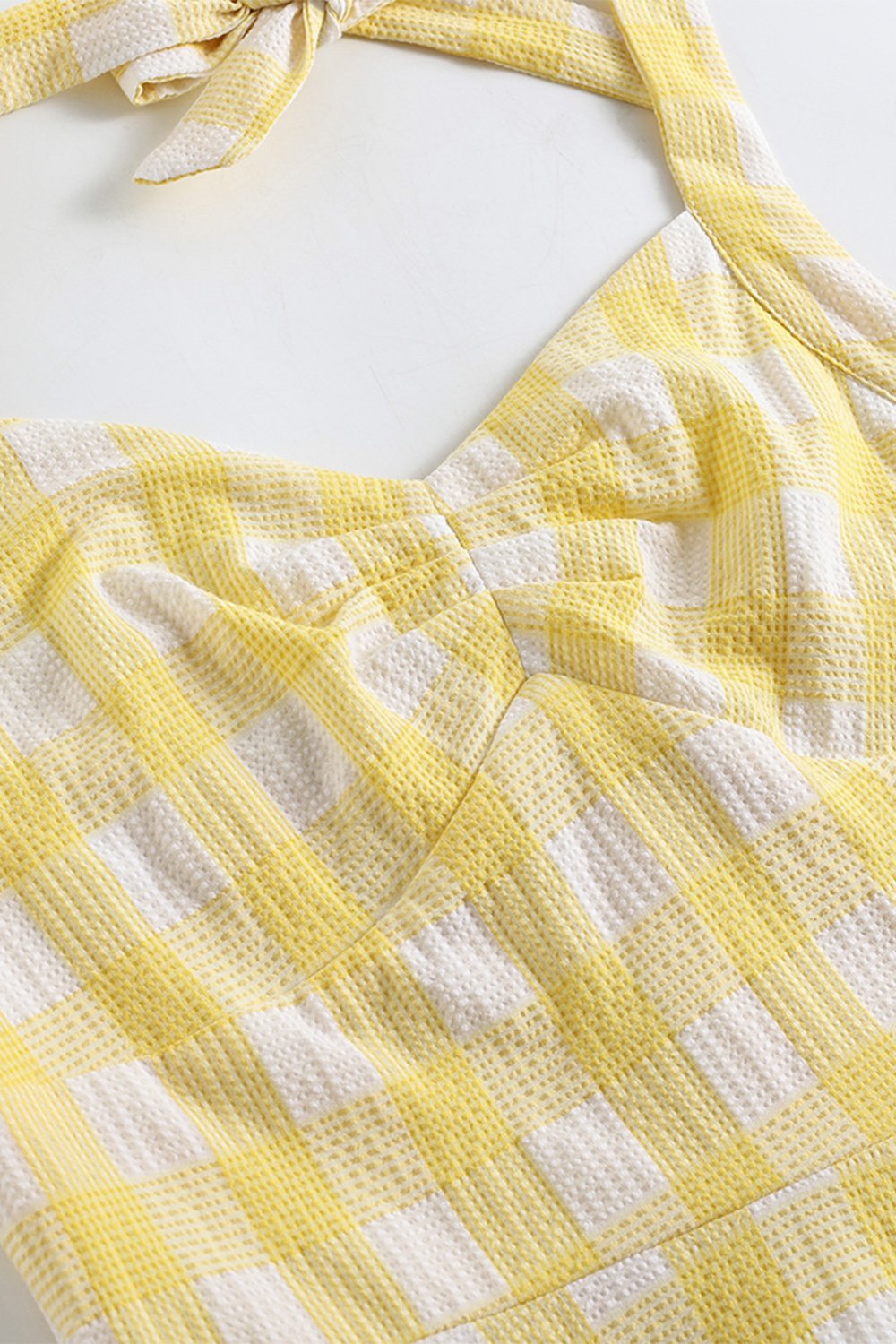 Vestido amarelo plaid halter 1950