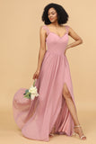 Blush Longo Chiffon Vestido de dama de honra com renda