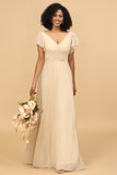 Champagne Cap Mangas Longo Chiffon Vestido de dama de honra