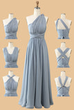Um Ombro V Pescoço Halter Cinza Azul Vestido de Dama de Honor
