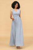 Vestido de dama de honra chiffon longo descapotável azul cinza