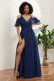 Vestido de dama de honra chiffon de ombro frio da marinha com fenda