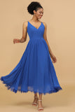 Vestido real de dama de honra de chiffon azul-v-pescoço