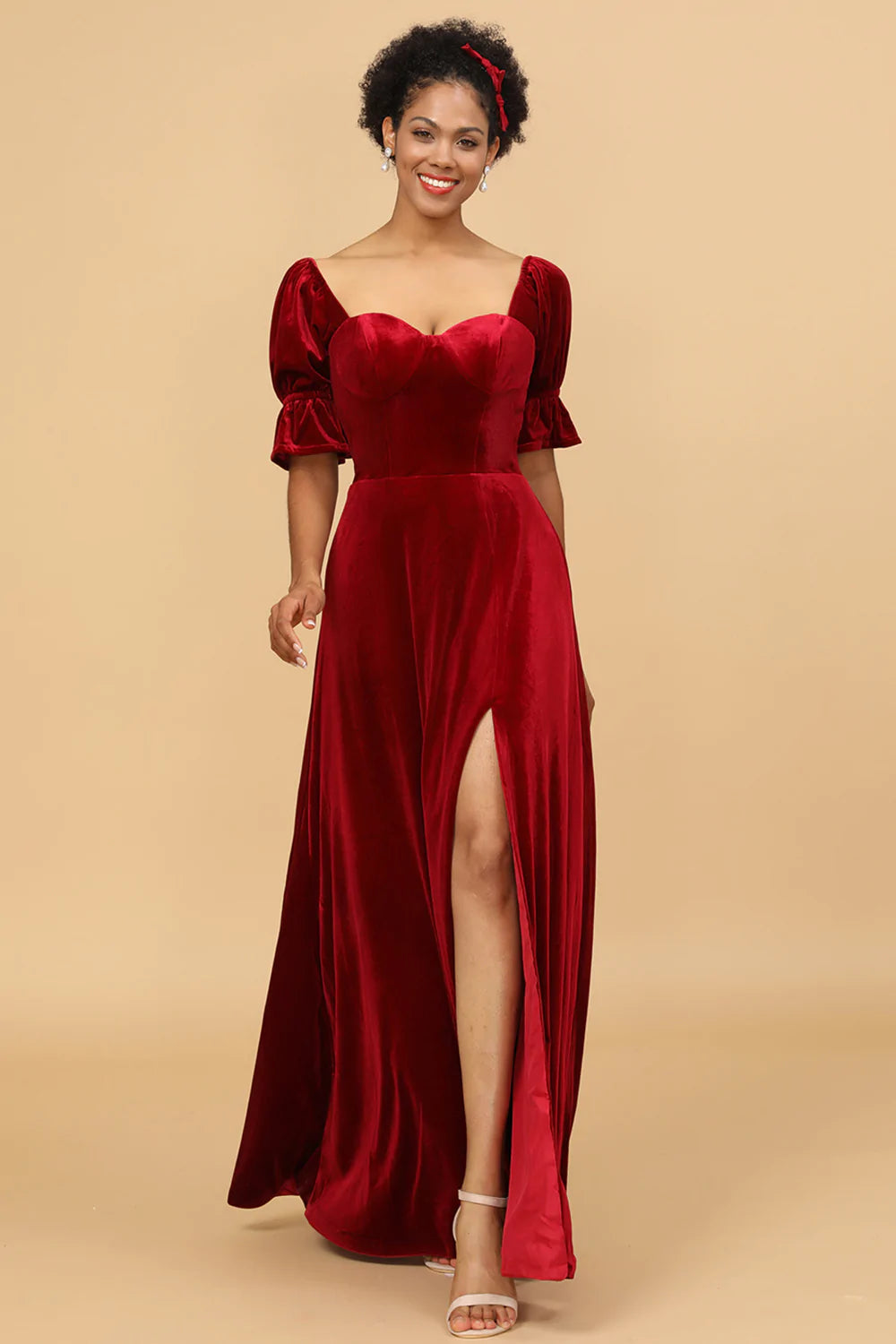 Vestido de Dama de Honra Veludo Vermelho Meia Mangas