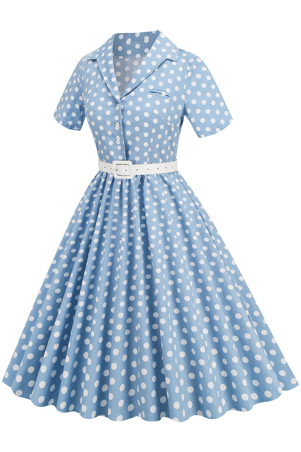 V Pescoço Azul Pontos de Polka 1950s Vestido
