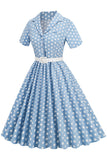 V Pescoço Azul Pontos de Polka 1950s Vestido