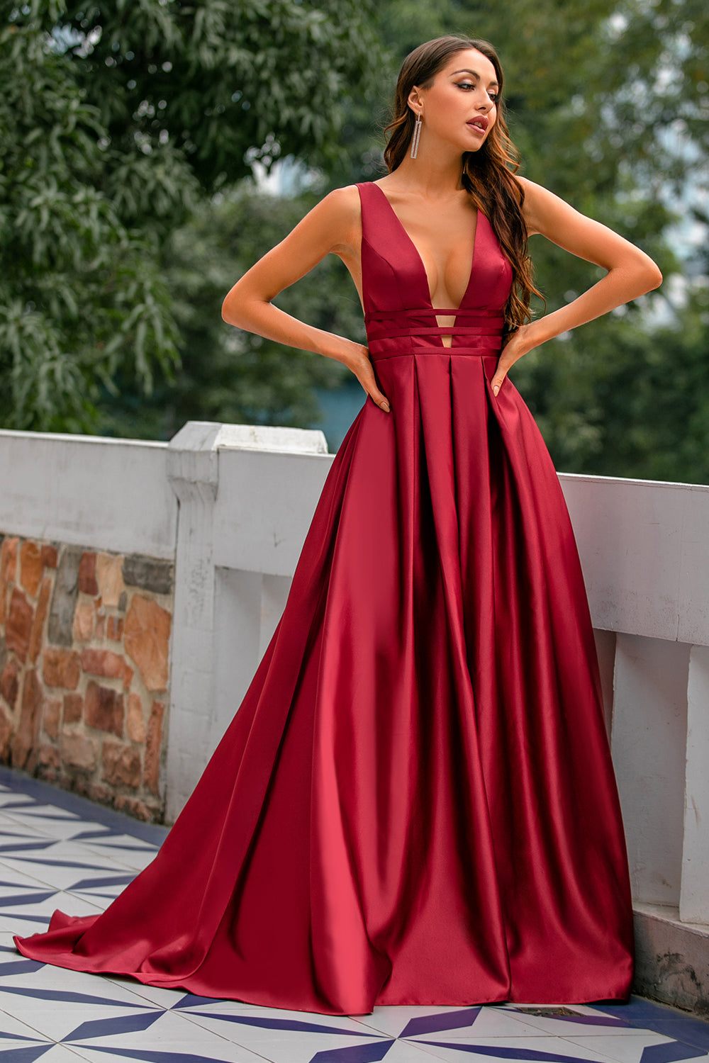 Borgonha Linha-A Comprido Decote em V Vestido de Cerimónia Sem Mangas Longo Vestidos De Festa