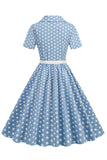 V Pescoço Azul Pontos de Polka 1950s Vestido
