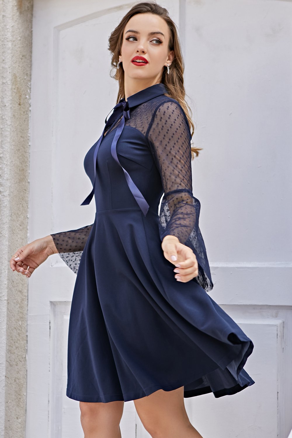 Vestido vintage de mangas compridas da Marinha