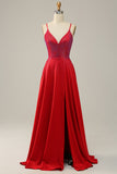 A Line Vermelho Cintas de Espaguete Vestido de Festa