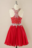Vestido de homecoming de missangas vermelhas