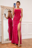 Vestido de baile de esparguete rosa quente