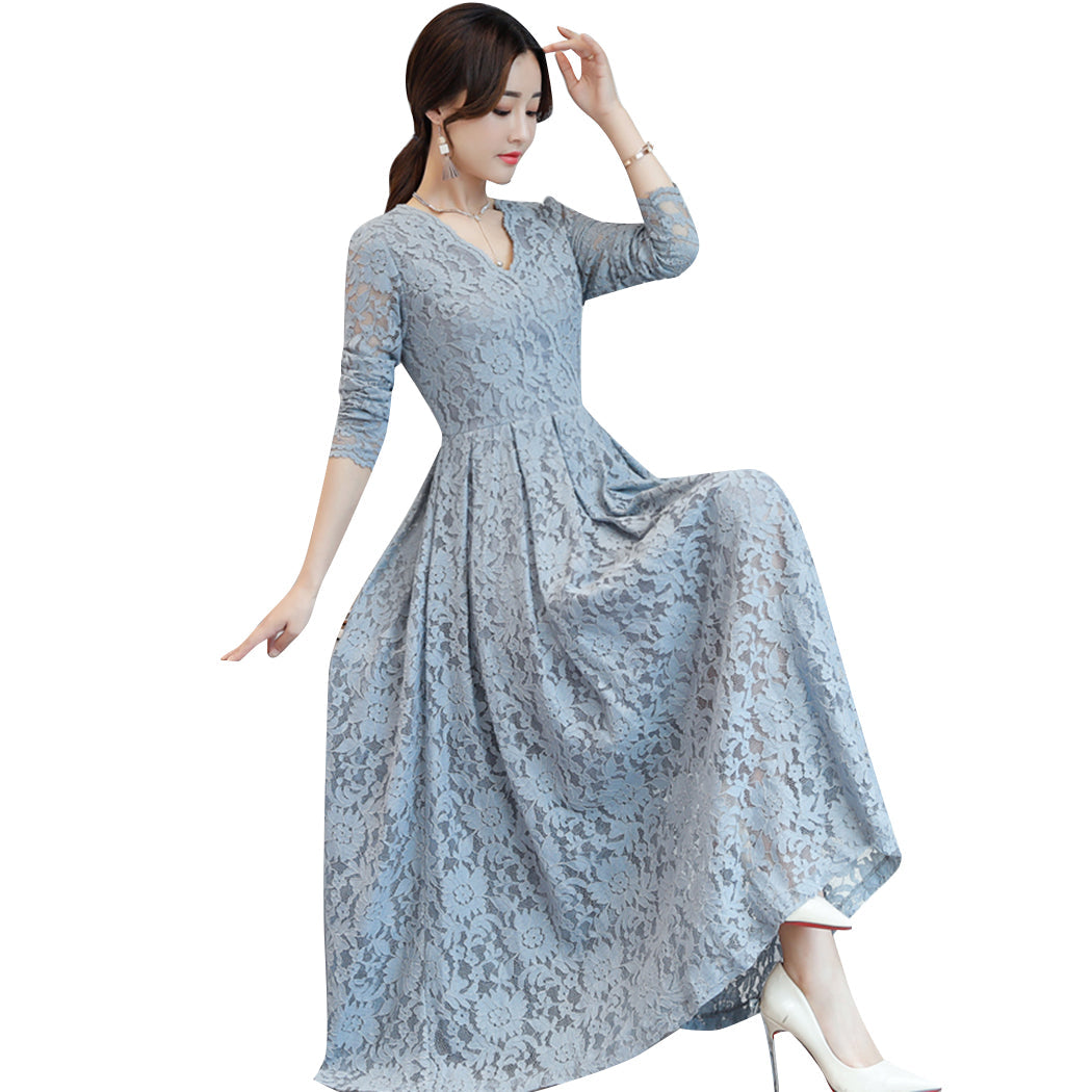 Vestido de renda v-pescoço azul céu