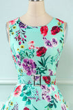 Vestido de impressão de flor verde dos anos 50