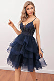 Vestido de cocktail curto de missanga da Marinha
