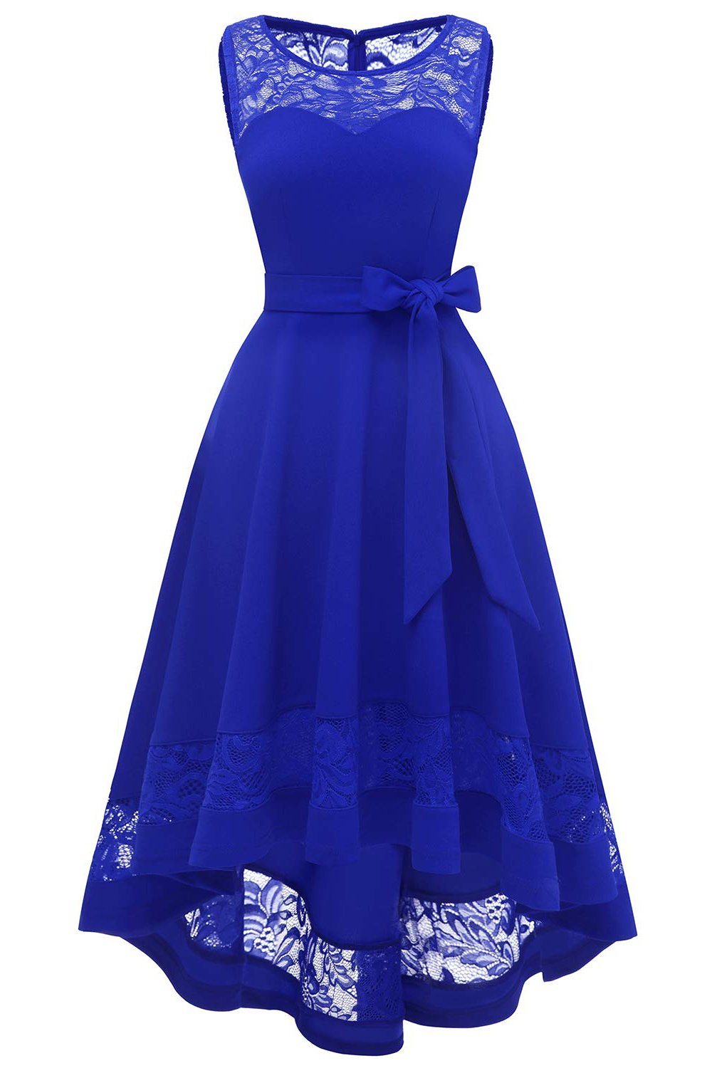 Vestido de renda azul alto e baixo com Bowknot