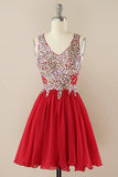 Vestido de homecoming de missangas vermelhas