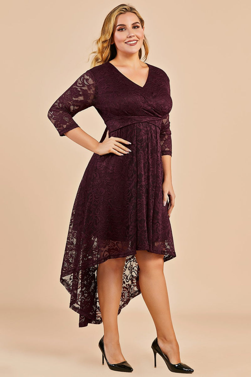 ZAPAKA Vintage Burgundy Plus Size Dress A Line V Neck Mangas