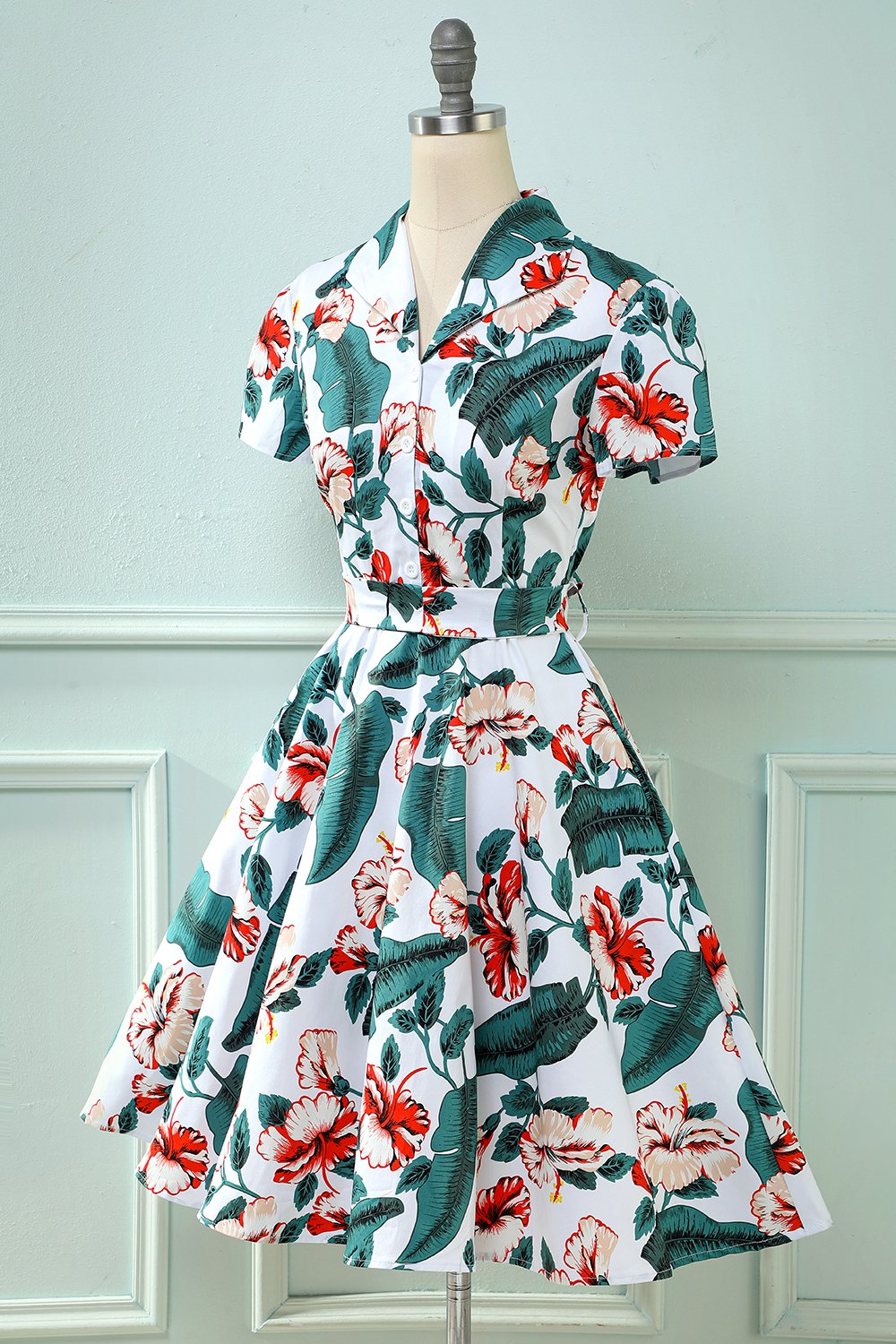 Retro V folha de pescoço impresso vestido vintage