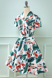 Retro V folha de pescoço impresso vestido vintage