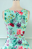 Vestido de impressão de flor verde dos anos 50