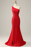 Sereia Um Ombro Vermelho Vestido de Festa