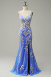 Sereia V Pescoço Azul Claro Vestido Cerimónia Com Apliques