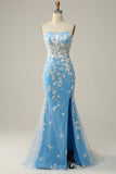 Sereia Cintas de Espaguete Azul Vestido de Festa com Apliques