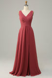 V Pescoço Rojo Chiffon Vestido de Madrinha
