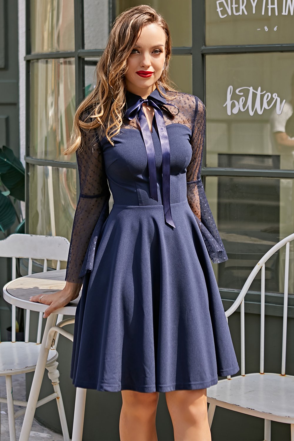 Vestido vintage de mangas compridas da Marinha