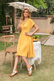 Elegante vestido vintage amarelo v pescoço