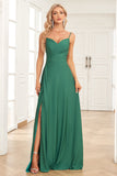 A Line Cintas de Espaguete Verde Escuro Vestido de Dama de Honra