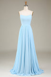 A-Line Espaghetti Correias Sky Blue Chiffon Vestido Longo Madrinha