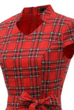 Vestido vermelho plaid vintage plus com bowknot