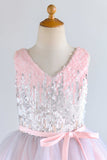 V pescoço rosa flor menina vestido com lantejoulas