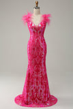 Sereia Fuchsia Lantejoulas Vestido de Festa Com Penas