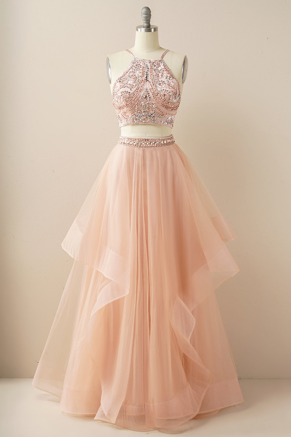Duas peças Halter Beaded Vestido de baile