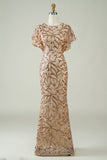 Champagne Sequins vestido longo baile de formatura com fenda para trás