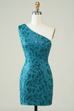 Vestido azul de um ombro apertado Homecoming com costas ocas