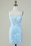 Sparkly Lace-Up Back Vestido Homecoming Azul Claro