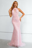 Vestido de baile sereia de lantejoulas rosa