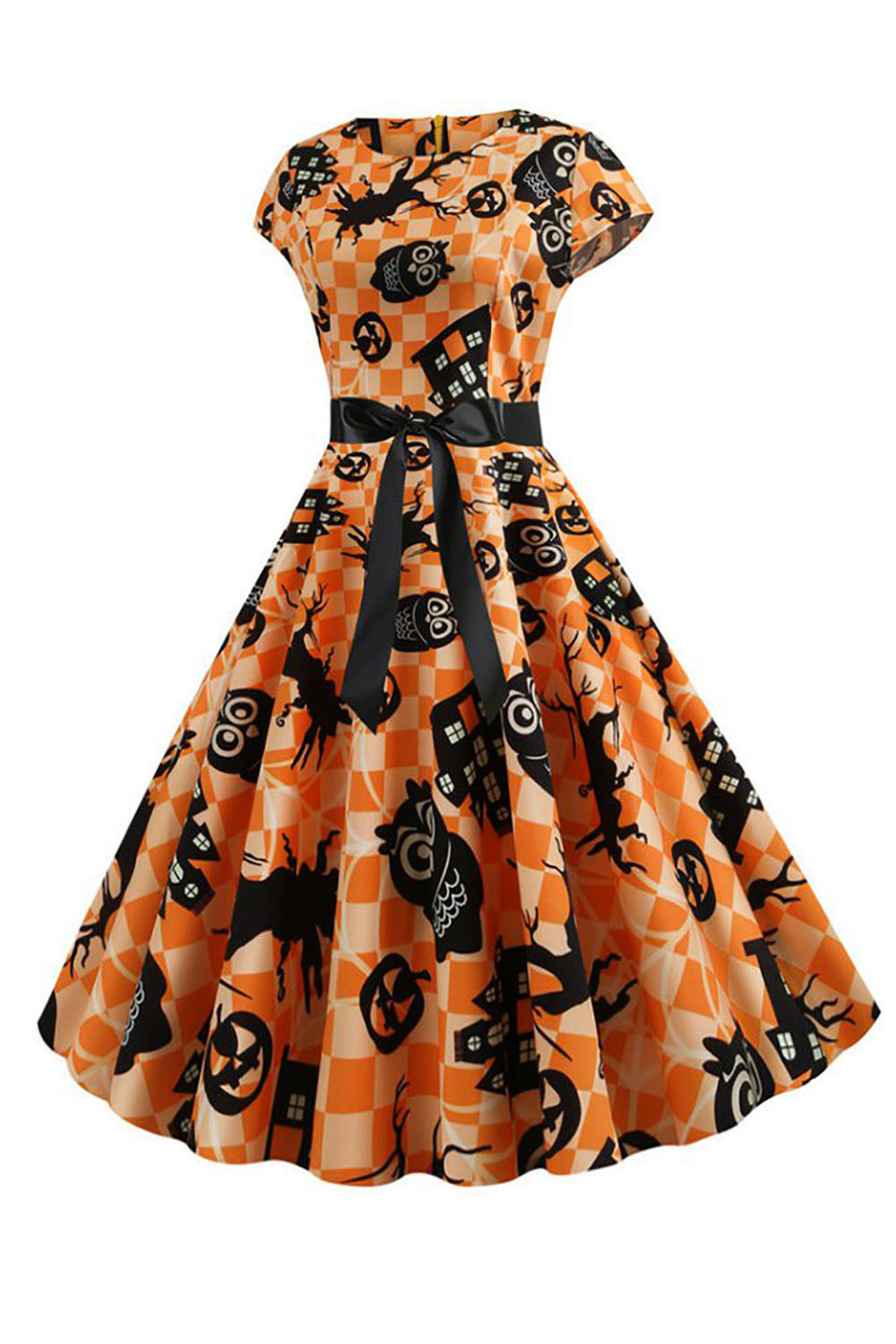 Vestido laranja impresso halloween vintage 1950s