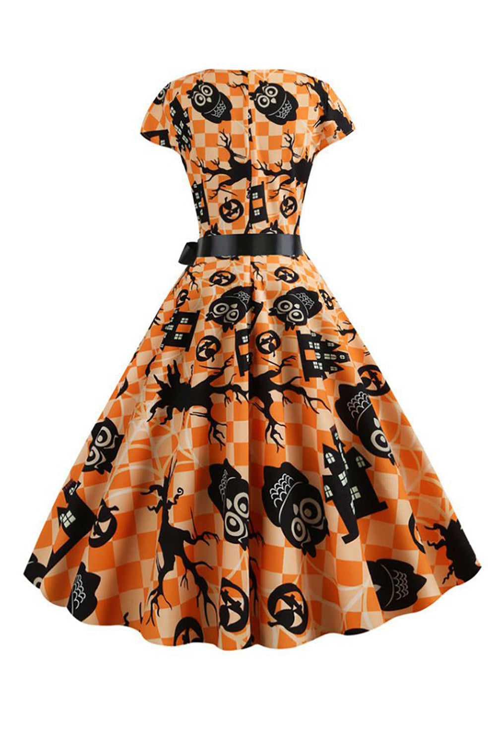 Vestido laranja impresso halloween vintage 1950s