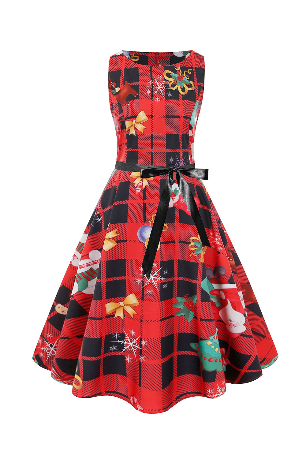 Vestido de Natal de impressão de xadrez vintage verde