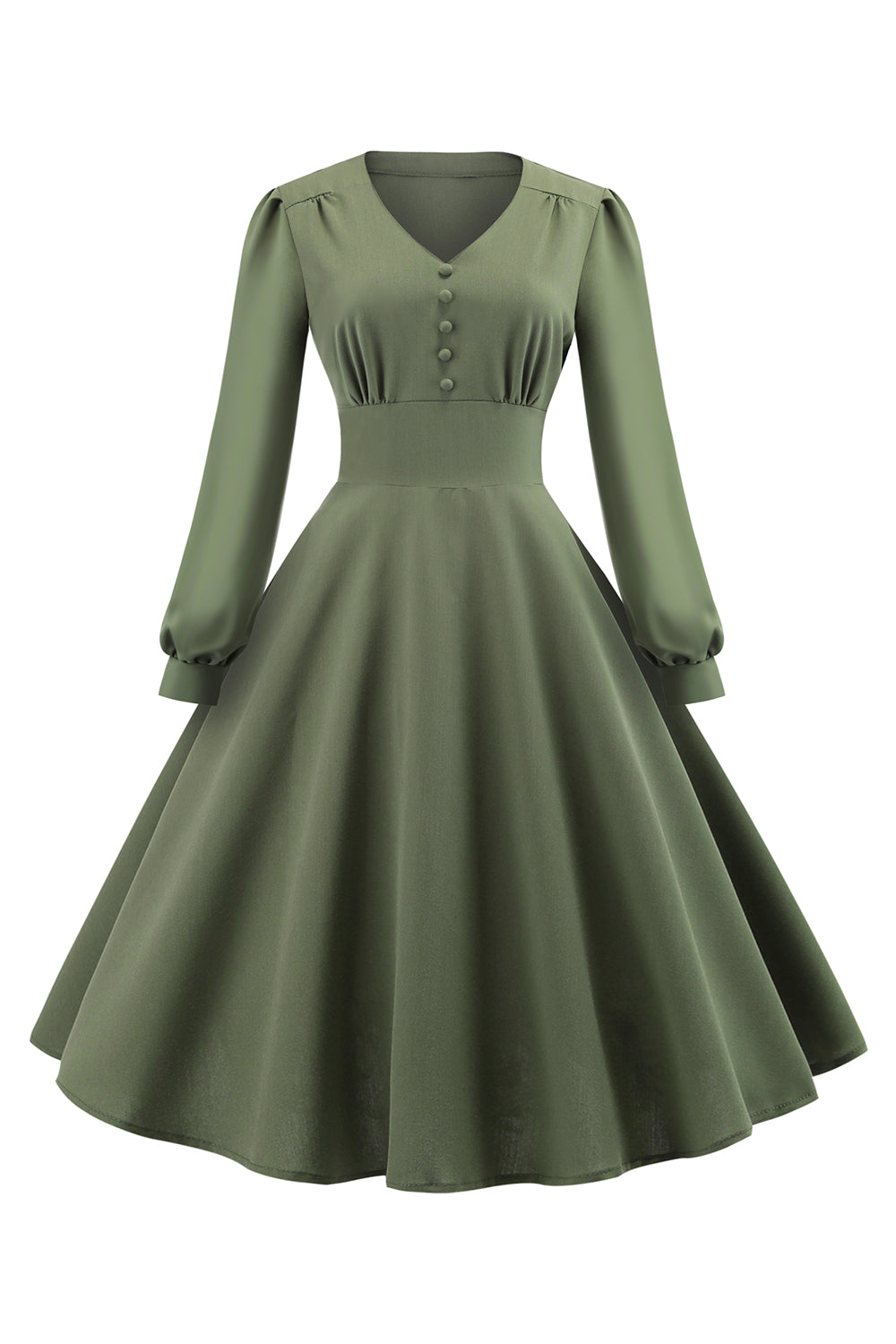 Vestido de balanço de mangas compridas v-neck verde