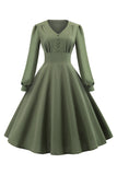 Vestido de balanço de mangas compridas v-neck verde