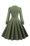 Vestido de balanço de mangas compridas v-neck verde