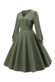 Vestido de balanço de mangas compridas v-neck verde