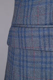 Azul Xadrez Duple Peito Lapela de Pico 2 Peças Terno Masculino