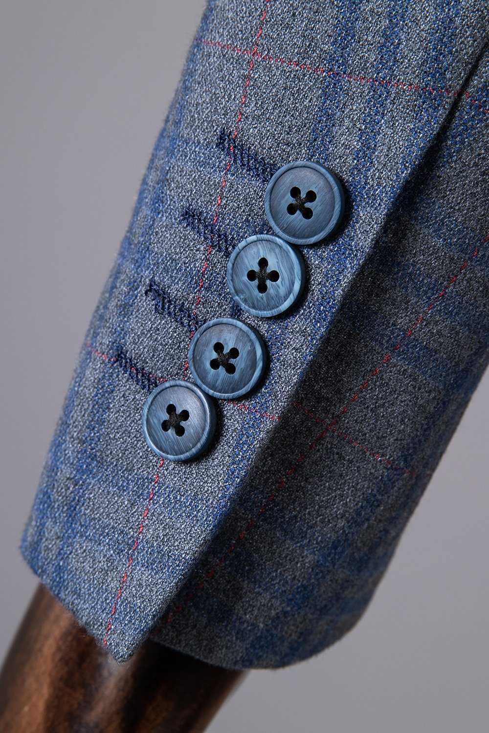 Azul Xadrez Duple Peito Lapela de Pico 2 Peças Terno Masculino